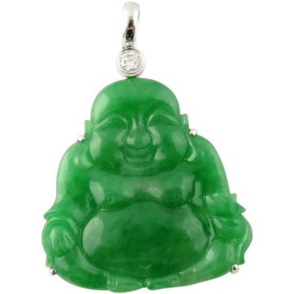 IGI Certified 18K White Gold Natural Jade and Diamond Large Buddha Pendant #3838 - Picture 1 of 9